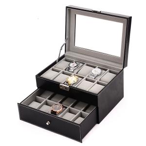 20girds PU double-layer flat lock watch box(gold lock)