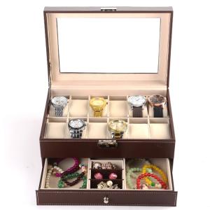 12grids PU double-layer watch jewelry box flat lock